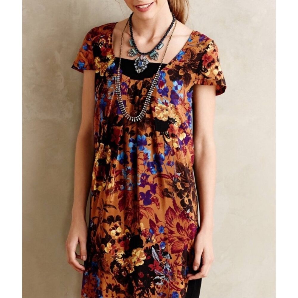 ANTHROPOLOGIE MAEVE Silk Mixed Media Moody Floral Dress, Sz S